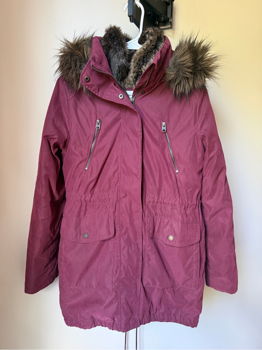 Abercrombie & Fitch Women's Burgundy Hooded Parka with Faux Fur Trim
